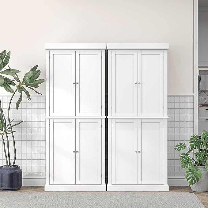 HOMCOM 72.5" Tall Kitchen Pantry Cabinet, Freestanding Modern Farmhouse Kitchen Storage Cabinet with 4 Doors and 2 Adjustable Shelves for Dining Room, White