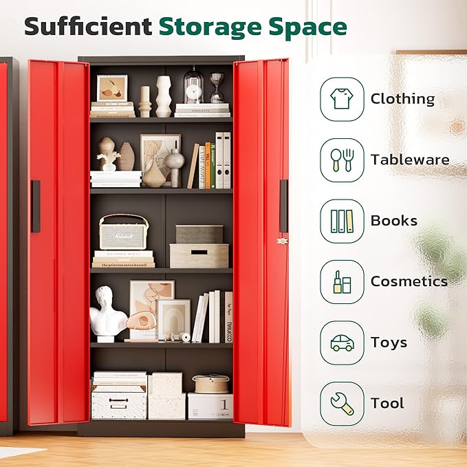 Greenvelly Metal Storage Cabinet, 63" H Locking Metal Storage Cabinet with Doors and 4 Shelves, Lockable Steel Cabinets for Kitchen, Bedroom, Living Room, Office (Red)