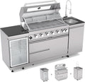 Outdoor Kitchen Island, 82 Inch 85000 BTU Gas Grill Combination With Refrigerator and Sink, Outdoor Stainless Steel Barbecue Bar,Natural Gas Barbecue Grill for Patios, Gardens, Parties