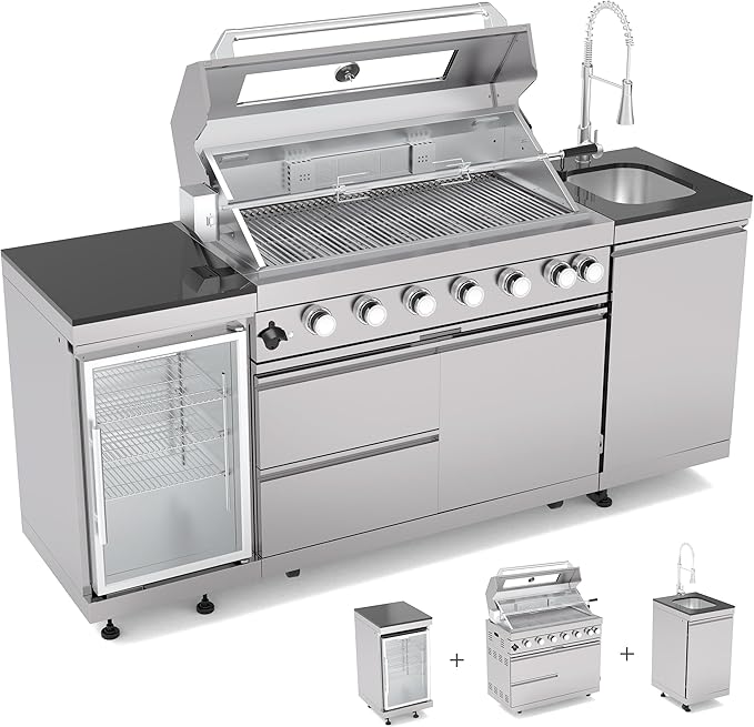 Outdoor Kitchen Island, 82 Inch 85000 BTU Gas Grill Combination With Refrigerator and Sink, Outdoor Stainless Steel Barbecue Bar,Natural Gas Barbecue Grill for Patios, Gardens, Parties