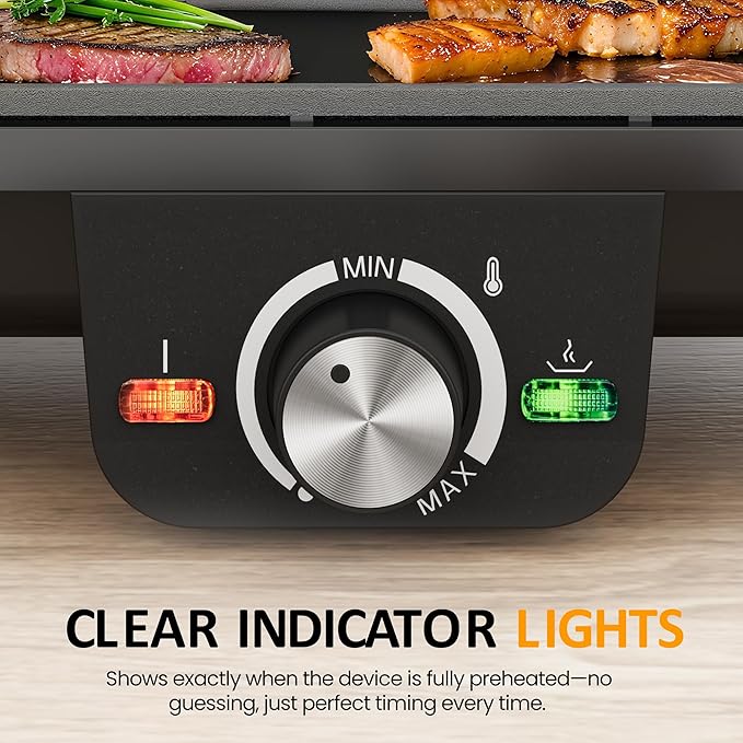 Sunvivi Electric Griddle Flat Grill: Indoor Grill with 2 Adjustable Temp Knobs, Nonstick Cooking Plate, Large Grill Pan with Drip Tray, 2 Cooking Zone (17.5'' x 9''), Easy to Clean