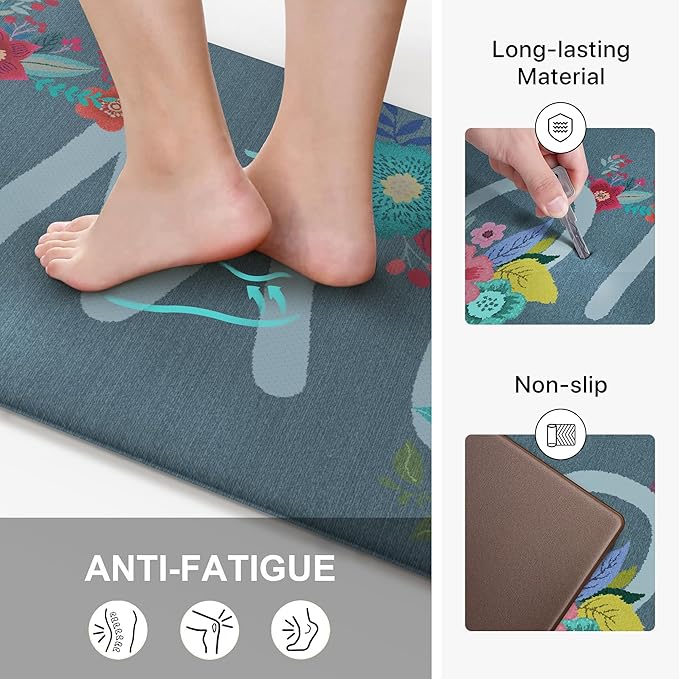 GENIMO Anti Fatigue Kitchen Mats for Floor, Non Slip Washable Home Theme Rugs Sets of 2, Farmhouse Cushioned Waterproof Comfort Runner Rug for Kitchen, Sink, Desk, Laundry, 17"x 47"+17"x 30", Blue
