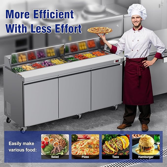 72" W Sandwich Salad Prep Table 3 Door Commercial Stainless Steel Food Prep Station, Cut Board with lock for Restaurant