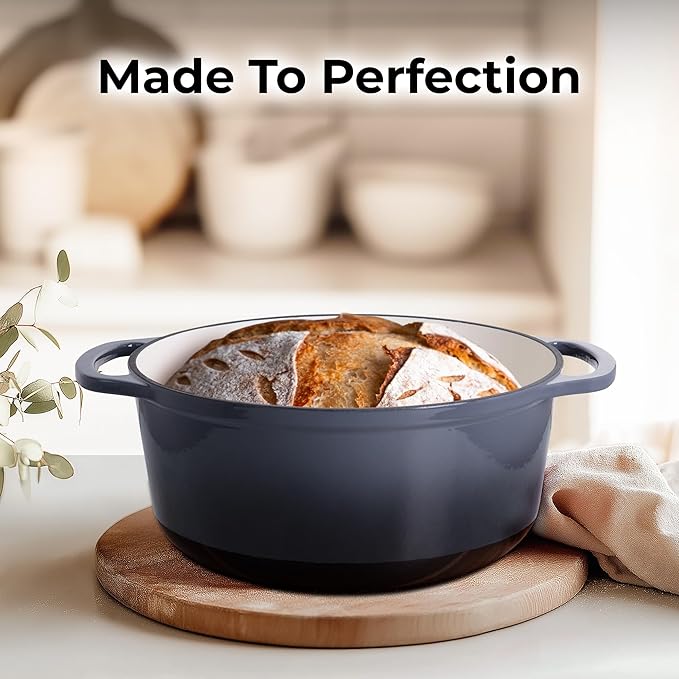 Zulay Kitchen 5 Quart Enameled Cast Iron Dutch Oven Pot with Lid – Premium Durability & Oven Safe up to 500°F – Heavy Duty Cookware Perfect for Bread Baking, Stews, Braising & Roasting – Gray