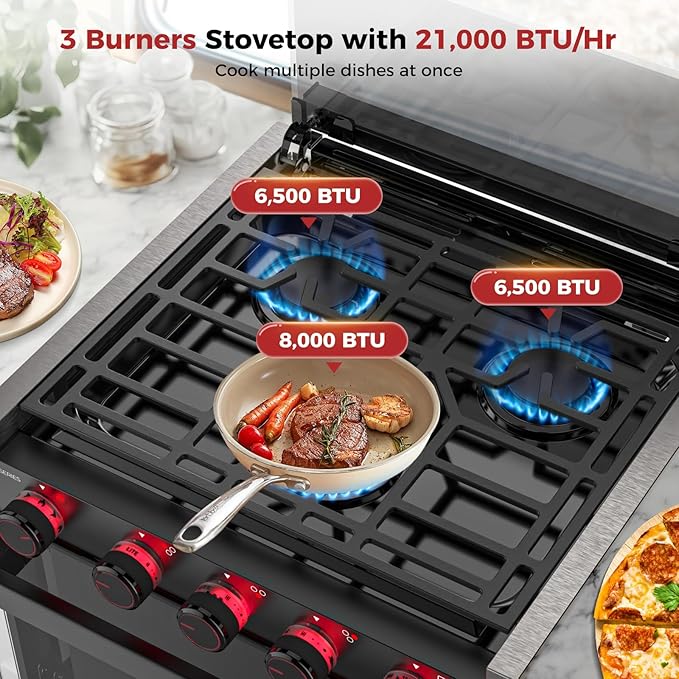 CAMPLUX Elite RV Propane Oven Stove Combo 17 Inches, 1.27 Cu.ft. Gas Oven Stove with 3 Burners, Total Output 28,100 BTU/Hr, Gas Ranges for RV, Apartment or Mini Kitchen, Black RGP17MGB