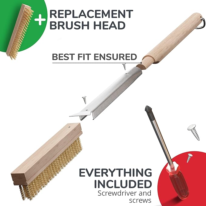 26” Pizza Oven Brush with Stone Scraper - Heat Resistant Stainless Steel Bristles, Extra Long Handle - Compatible with Ooni Ovens - Includes Spare Head