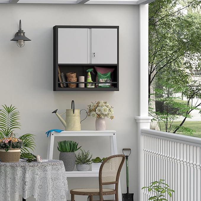 Wall Cabinet,Garage Cabinets Wall Mounted with Locking Doors,Hanging Cabinet with Adjustable Shelf,Floating Upper Storage Cabinet,Grey