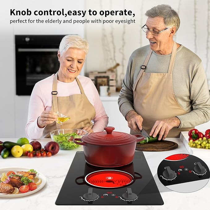 Electric Cooktop,110V 2100W Stove top,Countertop and Built-in 2 burner cooktop,9-speed power, child safety lock, timer, knob and touch control 2 burner Electric cooktop