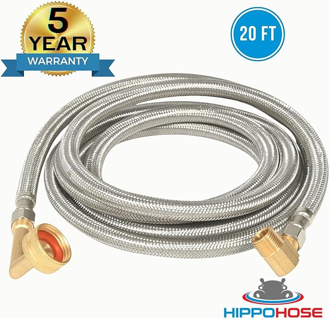 Hippohose 20 FT Stainless Steel Dishwasher Water Hose Kit - Universal Fit, Braided SS, 3/8'' Connections, 5-Year Warranty