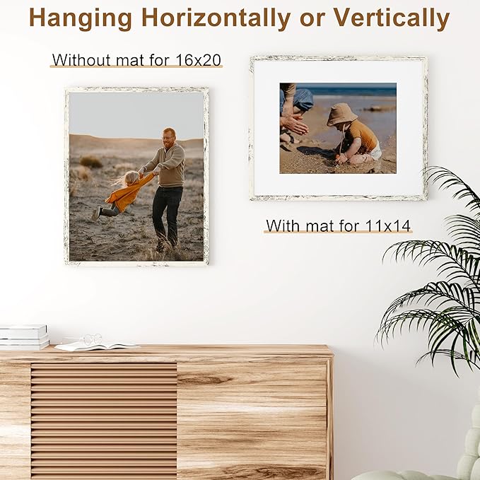 Vittanly 16x20 Picture Frame, Solid Wood Frame with Plexiglass, Includes 11x14 Mat, Wall Hanging for Photos, Home Decor, Distressed White, 1 Pack