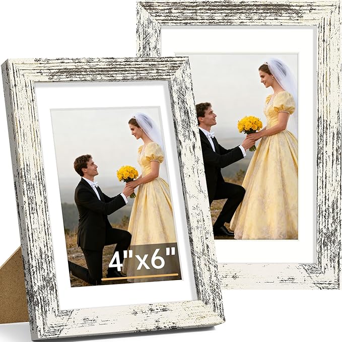 Vittanly 4x6 Picture Frame Set of 2, Solid Wood Frame for Wall or Tabletop, Display Photo 3.5x5 with Mat or 4x6 without Mat, Distressed White