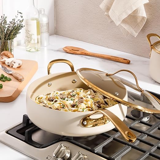Bloomhouse - Two Time Oprah's Favorite Things Winner - 6 QT Heavy Duty Aluminum Premium PFA Free Ceramic Nonstick Saute/Deep Frying Pan Skillet with Lid - Almond Cream w/Gold Handle