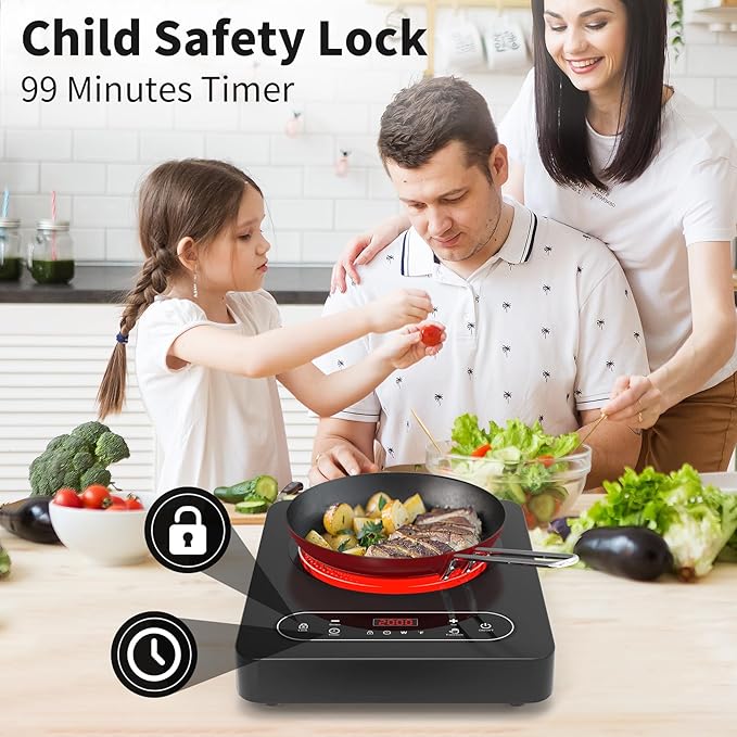 VBGK Single Burner Electric Cooktop,110V 1800W Electric Stove Top with LED Touch Control,10 Power Levels, 4 hTimer, Safety Lock,Portable cooktop,Overheat protection
