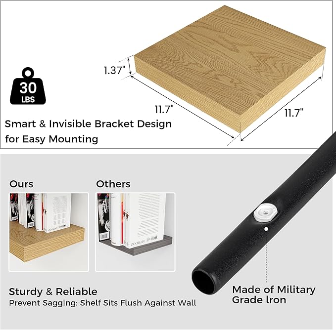 Square Floating Shelves for Wall 12"W x 12"D x 1.4"H, Small Engineered Wood Wall Shelves with Invisible Brackets for Living Room Bedroom Bathroom Office Kitchen Storage & Decor, Oak Finish, Set of 3
