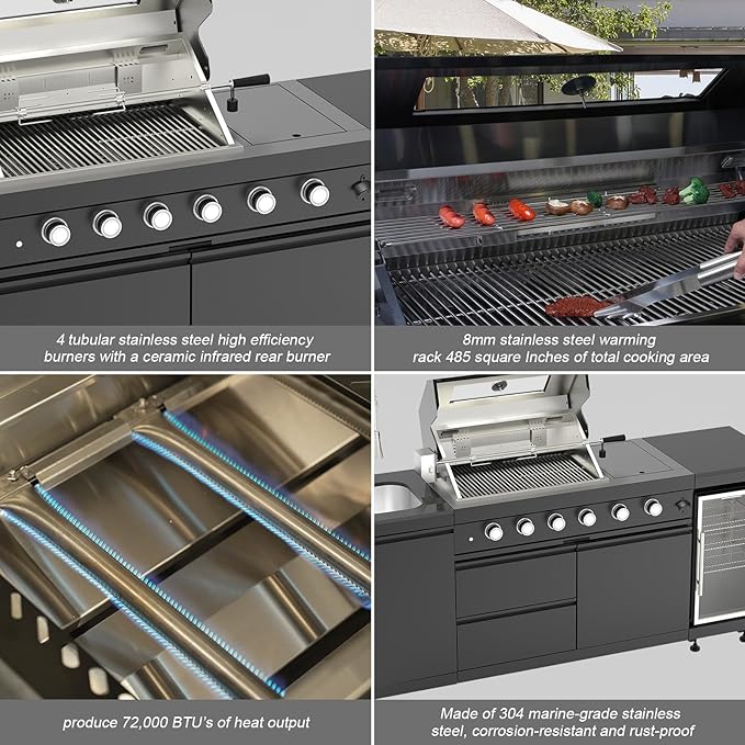Outdoor Kitchen Island, 84.6 Inch 72000 BTU Gas Grill Combination With Refrigerator and Sink, Outdoor Stainless Steel Barbecue Bar, Propane Grill, for Patios, Gardens, Parties