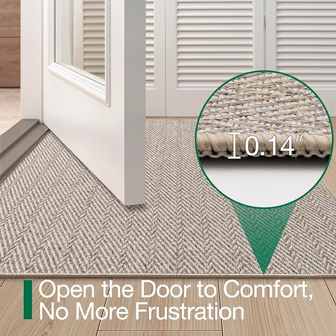 LUMI Ultra Thin Indoor Door Mat for Entrance 48"x72", Non Slip Entryway Mat, Low Profile Doormat, Unique Herringbone Design Carpet for Inside, Patio, Porch, Beige