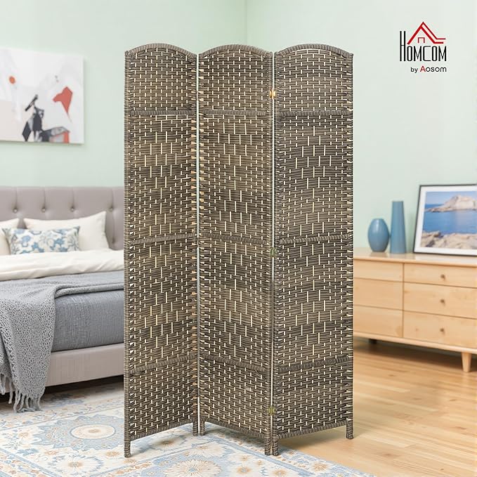 HOMCOM 3 Panel Room Divider, 6' Tall Folding Privacy Screen, Woven Freestanding Wall Partition for Home Office, Bedroom, Dark Rustic Oak