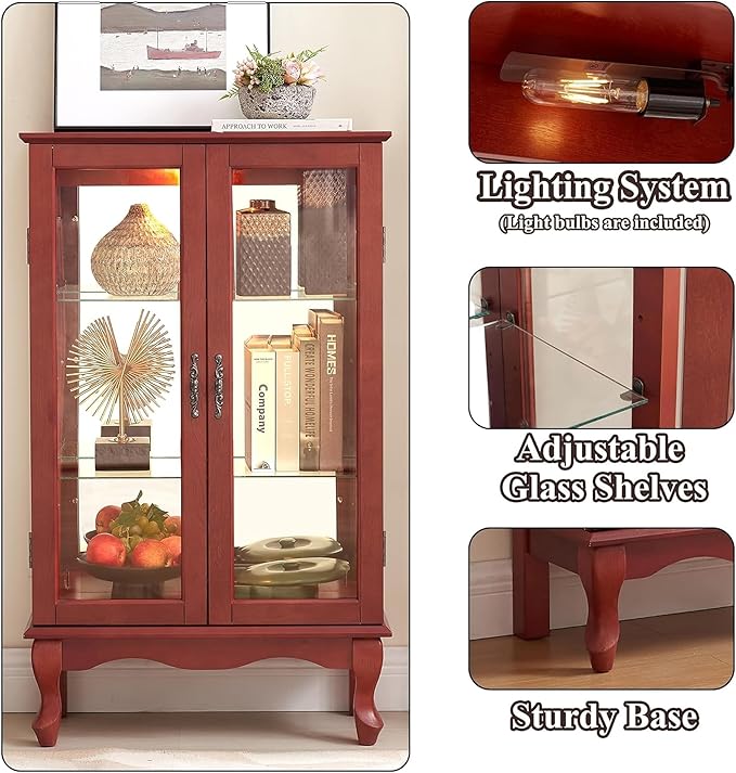 43" H Lighted Curio Cabinet Display Case with Light Bulb, Glass Curio Cabinet with Adjustable Shelves & Tempered Glass Door, Wooden Cabinets w/Mirrored Back Pane for Living Room(Cherry)
