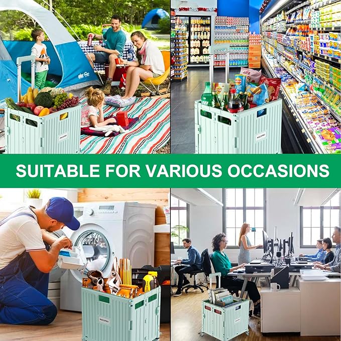 Folding Utility Cart Portable Rolling Crate Handcart Shopping Trolley Collapsible Tool Box, with Lid, Basket on 4 Rotate Wheels, for Grocery, Office, Teacher, Travel Shop Move Luggage (Green)