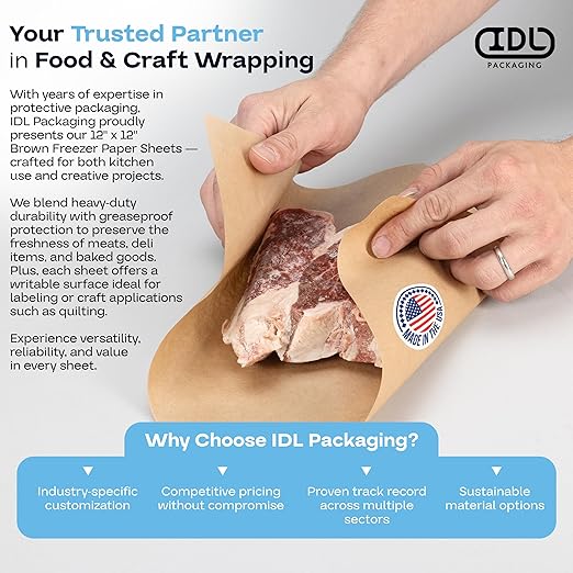 Brown Freezer Paper Sheets 12" x 12", Pack of 100 - USA-Made Paper Sheets for Long-Term Freezing of Meat & Fish - Freezer Pads for Quilting - Bakery Tissue Wraps for Food Storage by IDL Packaging