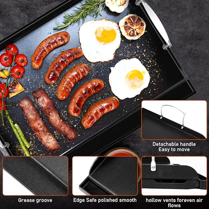Griddle for Gas Grill, Flat Top Cast Iron Griddle Insert for Outdoor Gas 17" x13" Nonstick Coating Cooking Skillet Pan Teppanyaki for Weber Charbroil Camp Chef Charcoal Electric