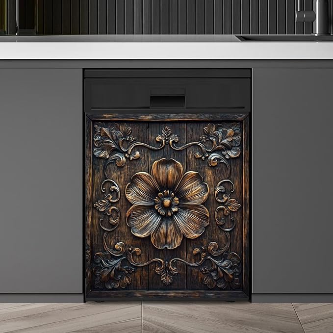 Vintage Wooden Floral Dishwasher Magnet Cover,Flower Carved Wood Magnetic Dishwasher Cover Vinyl Sticker,Rustic Wood Fridge Door Cover Magnets Art Skin Panel Decal,Home Decor Decal,23"X26"