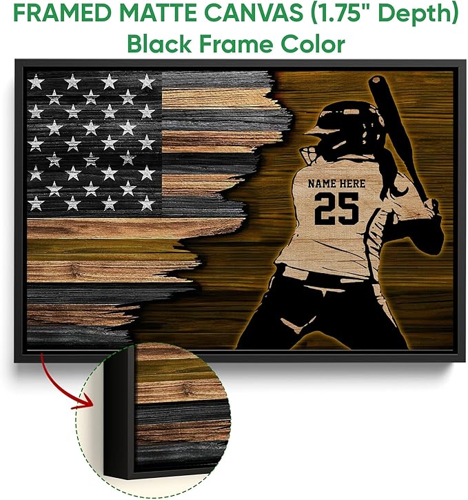Personalized Softball Poster & Framed Canvas, Softball Player American Flag - Inspirational Quote Motivational Home Office Decor, Custom Name Number Bedroom Living Room Aesthetic Wall Art