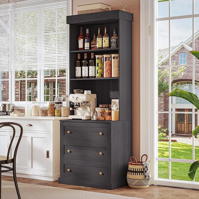 Vyre 71" Farmhouse Kitchen Pantry Cabinet Set of 4, Black Freestanding Coffee Bar Hutch with Drawers & Adjustable Shelves, Large Storage Cabinet with Microwave Stand for Living Room & Kitchen