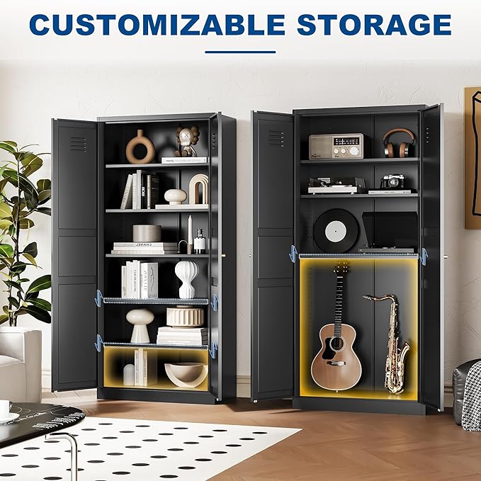 Metal Storage Cabinet-71” Tall Steel File Cabinets with Doors and 5 Adjustable Shelves-Black Steel Storage Cabinet for Home,Kitchen, School, Office, Garage