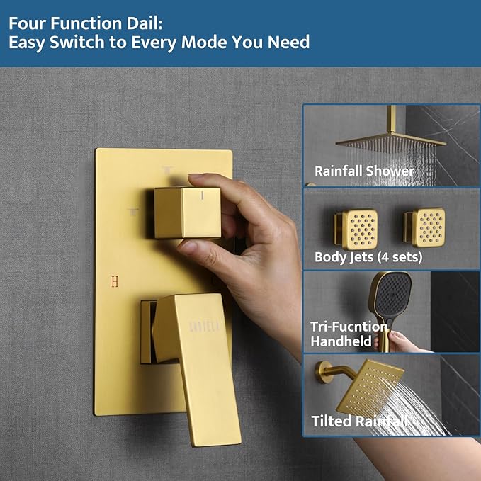 Shower System Brushed Gold, Push Button Diverter Shower Faucet with 3 in 1 Handheld, Ceiling Mount 12 Inch Shower Head with 6 Inch Wall Mount Shower Head