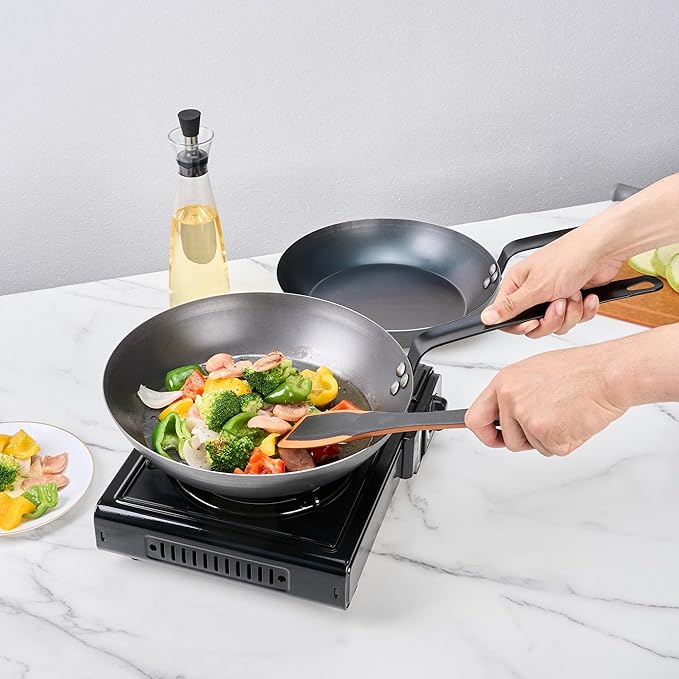 Met Lux 12 Inch Fry Pan, 1 Lightweight Frying Pan - Induction-Ready, Triple-Riveted, Black Carbon Steel Cooking Skillet, Durable, For Searing, Sauteing, And Browning Food - Restaurantware