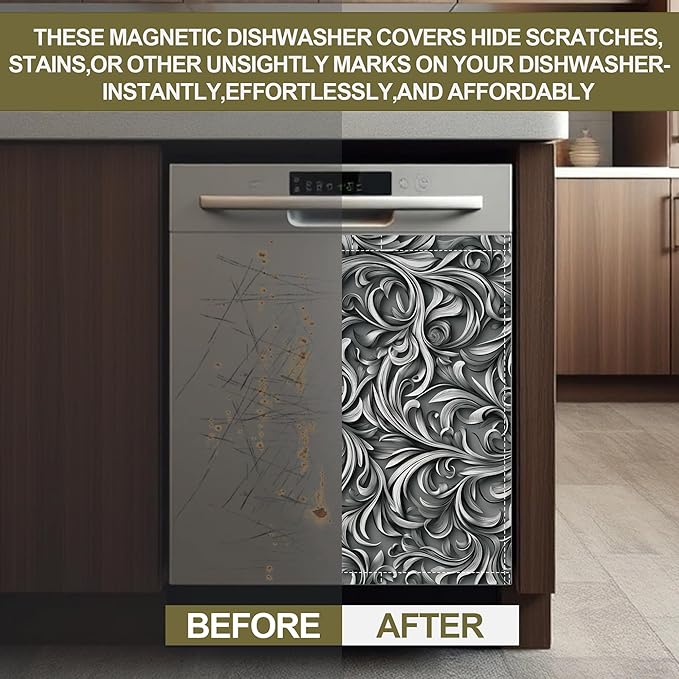 Black Vines Dishwasher Magnet Cover,Silver Foil Kitchen Decor Waterproof Refrigerator Magnet Appliance Cover Protector,23Wx26H Inches