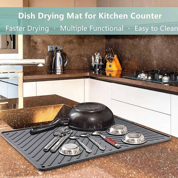Dish Drying Mat, Silicone Dish Drying Mat for Kitchen Counter, Dish Drainboard with Built-in Drain, Non-silp, Heat Resistant, Dishwasher Safe (Black, 17"x13")