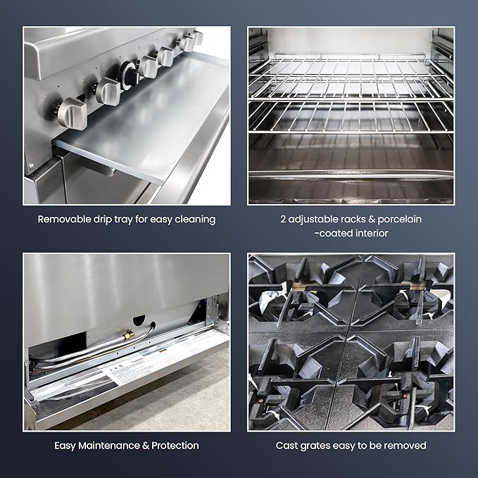 Commercial 36" Gas Range with Convection Oven, 6 Open Burners and Under Full Size Oven 180000 BTU & 33000 Static Oven,NG/LPG Conversion kit, Manual Gas Valve,Freestanding Gas Range for Restaurants