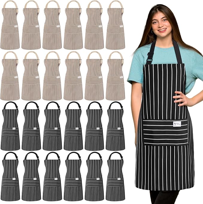 Janmercy 24 Pcs Aprons for Women Men with 2 Pockets Linen Cooking Kitchen Apron Adjustable Bib Chef Apron Bulk Aprons Unisex