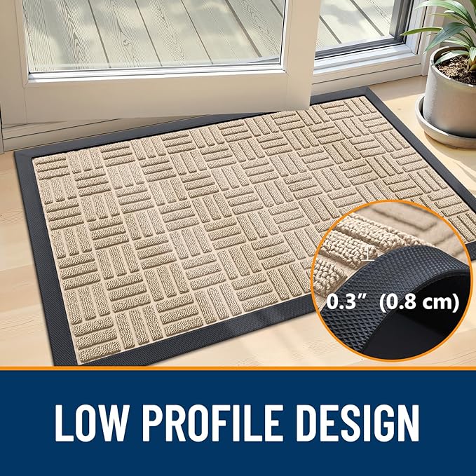 OLANLY Front Door Mat Outside Entrance 33x21, Absorbent, Heavy Duty Sturdy Natural Rubber Doormat Indoor Outdoor, Non-Slip, Stain and Fade Resistant, Low Profile Floor Mat for Entryway, Latte White