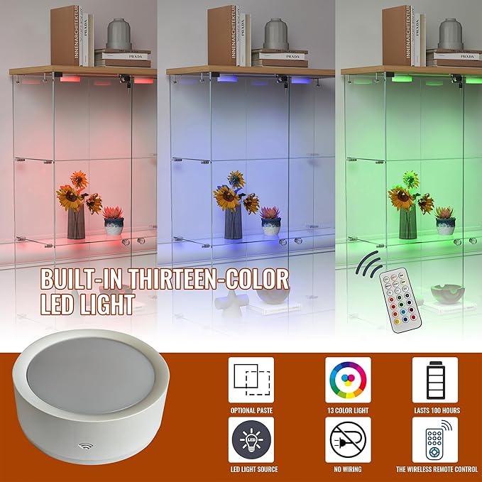 Yoluckea 4 Tier Glass Display Cabinet with LED Lighting and 2 Drawers, 2 Doors Floor Standing Curio Cabinet with Wheel for Home, Office,Corner Display,Natural Glass Bookshelf for Collections and Decor