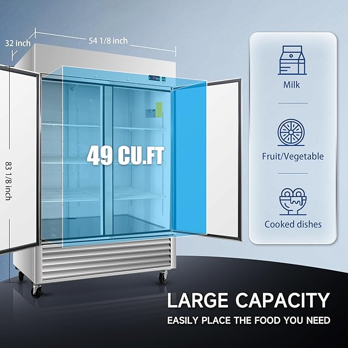 DeepTide 54" W Commercial Upright Refrigerator with Double-Door: 49 Cubic Feet Storage, Adjustable Shelving, Automatic Defrosting, Precision Digital Thermostat, LED Lights, Safety Locks