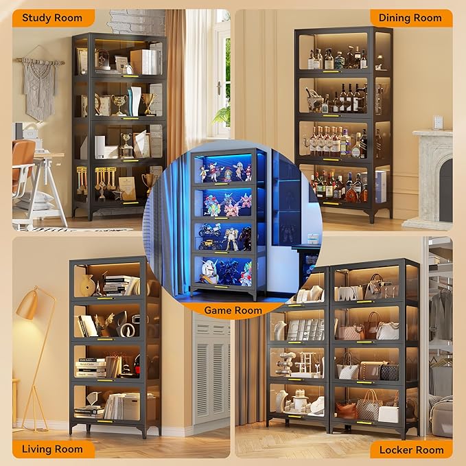 65" Tall Display Cabinet with Glass Doors,Metel Curio Cabinet with RGB LED Lights,4 Tier Glass Display Case for Scale Figures, Collectibles,Books(Black)