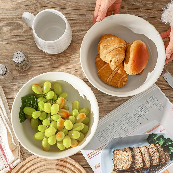 Serving Bowls Set of 2, 60 Ounce Ceramic Large Bowls, Deep Kitchen Bowls for Salad Soup Ramen Pasta Cereal Fruit, Microwave Oven Dishwasher Safe, Ideal for Home Dining & Gifting, Arctic white