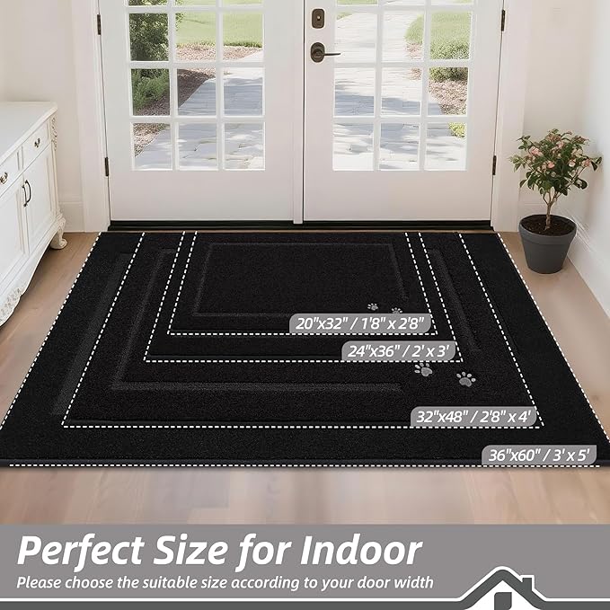 BEQHAUSE Dog Door Mat for Muddy Paws 36"x60" Dirt Trapper Absorbent Doormat Non Slip Entryway Rugs Washable Stain Resistant Welcome Floor Mat Soft Low-Profile for Front Back Door, Black