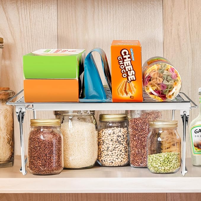 Orgneas Expandable Cabinet Shelf Organizer, Adjustable Freezer Shelf 15.8"-22" Thickened Heavy Duty Organizer and Storage Shelves for Kitchen Cabinet Pantry Refrigerator, 2 Pcs