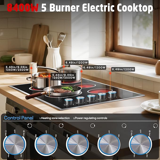 36 Inch Electric Cooktop, 5 Burner Electric Stove Top 8400W, 36" Ceramic Stove with Knob Control, Over-Temperature Protection, Dual Ring Zone, 220-240V Hard Wired (No Plug)