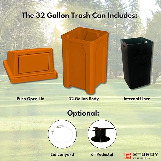 32 Gallon Square 100% Recycled Plastic Heavy Duty Indoor or Outdoor Commercial Trash Can with Push Lid | Great for Schools and Businesses - Orange