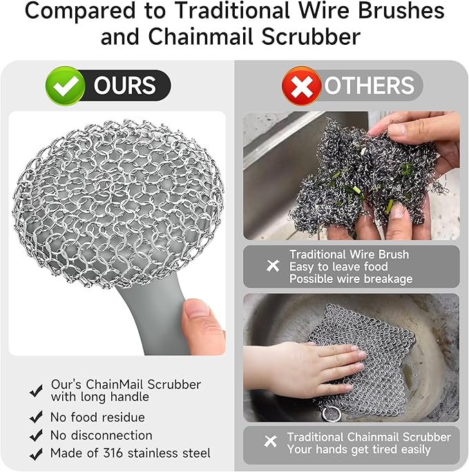 SUBEKYU Cast Iron Scrubber with Silicone Handle, Stainless Steel Skillet Cleaner for Cast Iron Pans (Gray Scrubber + Scraper)