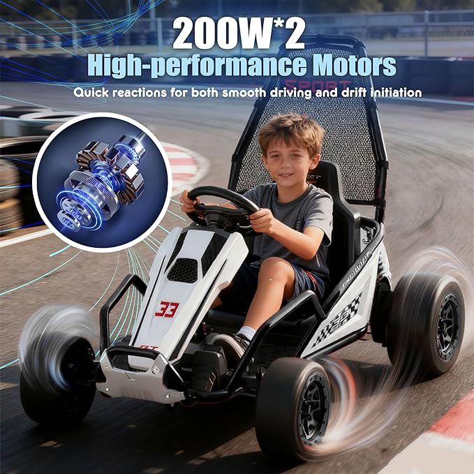 24V 8.5 MPH Electric Go Kart for Kids, 400W Powerful Drift Kart w/Front EVA Wheel & Metal Frame, Ride on Toy w/Music & Lights, Suspension, 2 Speed, 5 Point Harness, Crazy Cart for Ages 6+, Black
