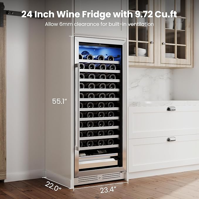 Yeego 24 Inch Wine Fridge – 40°F-65°F Wine Cooler Refrigerator, 304 Stainless Steel Glass Door Lock, Temperature Memory Blue & White LED Built-in Wine Fridge with Adjustable Shelves (89 Bottle)