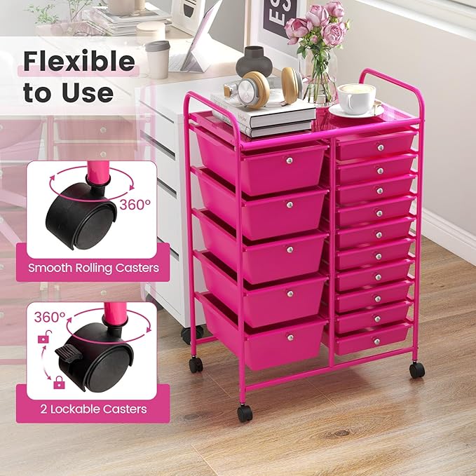 DORTALA 15-Drawer Rolling Storage Cart with Drawers, Rolling Utility Cart w/Removable Drawers & Universal Wheels, Tools Scrapbook Paper Organizer for School, Office, Home, Classroom (Hot Pink)
