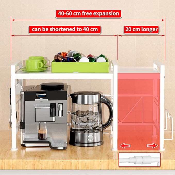 Extendable Microwave Oven Rack - Adjustable Kitchen counter shelf, 2 Tier Microwave Stand (L15.7~23.6" xW12.8 xH17.7) with 6 Hooks for Kitchen Countertop Organizer (White)