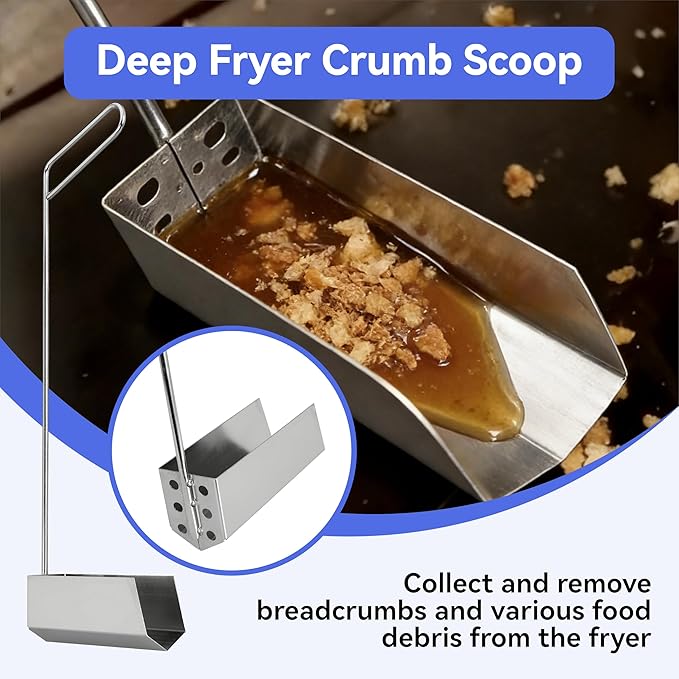 Deep Fryer Strainer Crumb Scoop 750°F Heat-Resistant V-Shaped Fryer Cleaner Food Crumb Cleaning Tool for Commercial Fryers Long Handle with Drain Holes for Oil Filtration,1 PCS